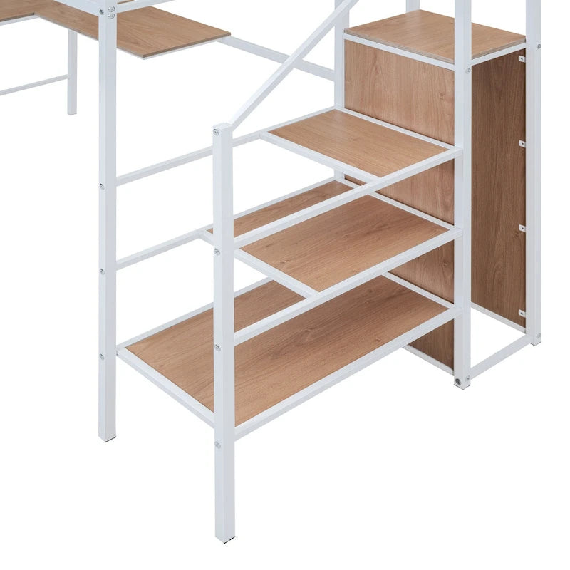 Lit mezzanine jumeau en métal blanc avec bureau et rangement, 1 personne