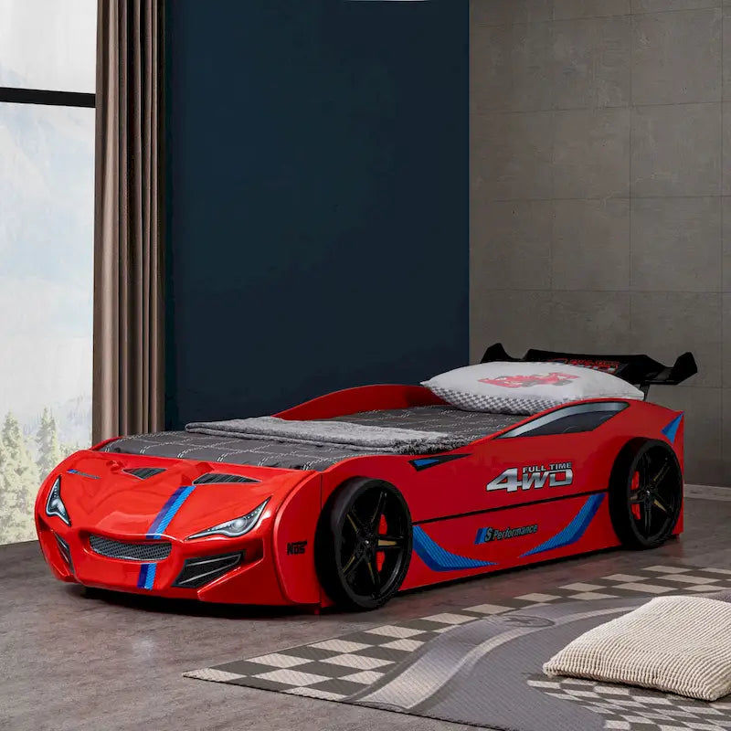 Lit jumeau en forme de voiture de course rouge avec lit gigogne, pour 2 personnes