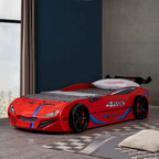 Lit jumeau en forme de voiture de course rouge avec lit gigogne, pour 2 personnes