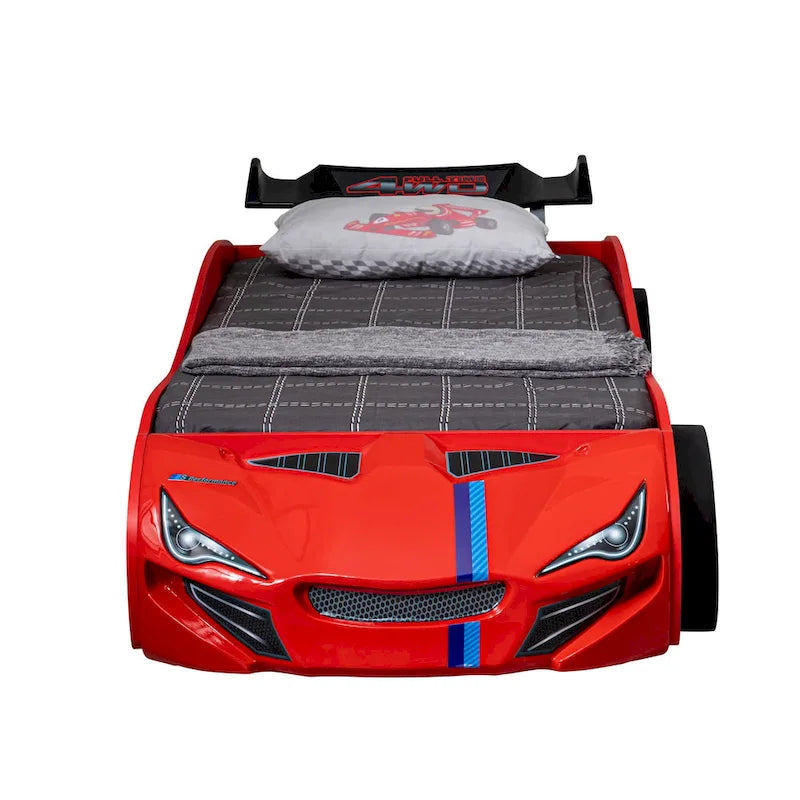 Lit jumeau en forme de voiture de course rouge avec lit gigogne, pour 2 personnes