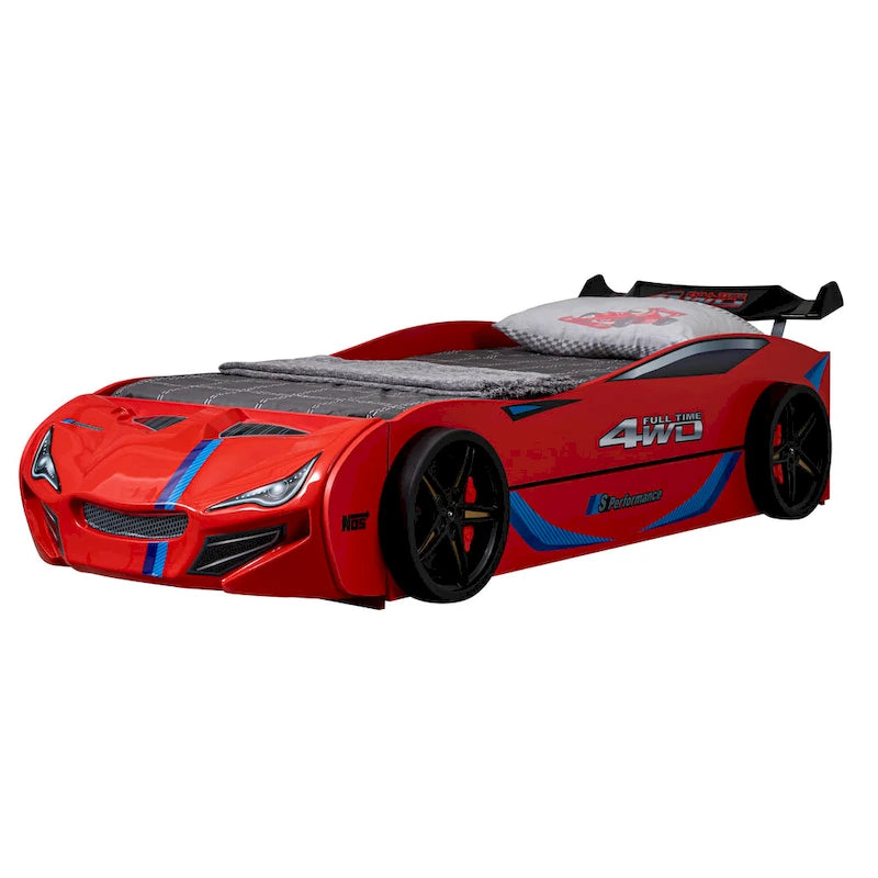 Lit jumeau en forme de voiture de course rouge avec lit gigogne, pour 2 personnes