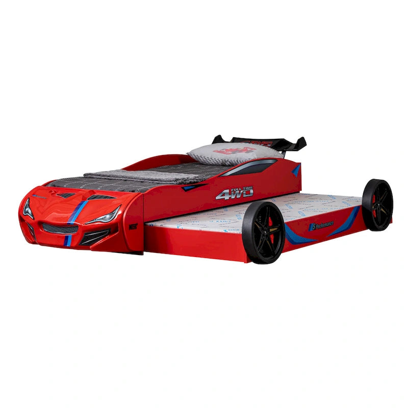 Lit jumeau en forme de voiture de course rouge avec lit gigogne, pour 2 personnes