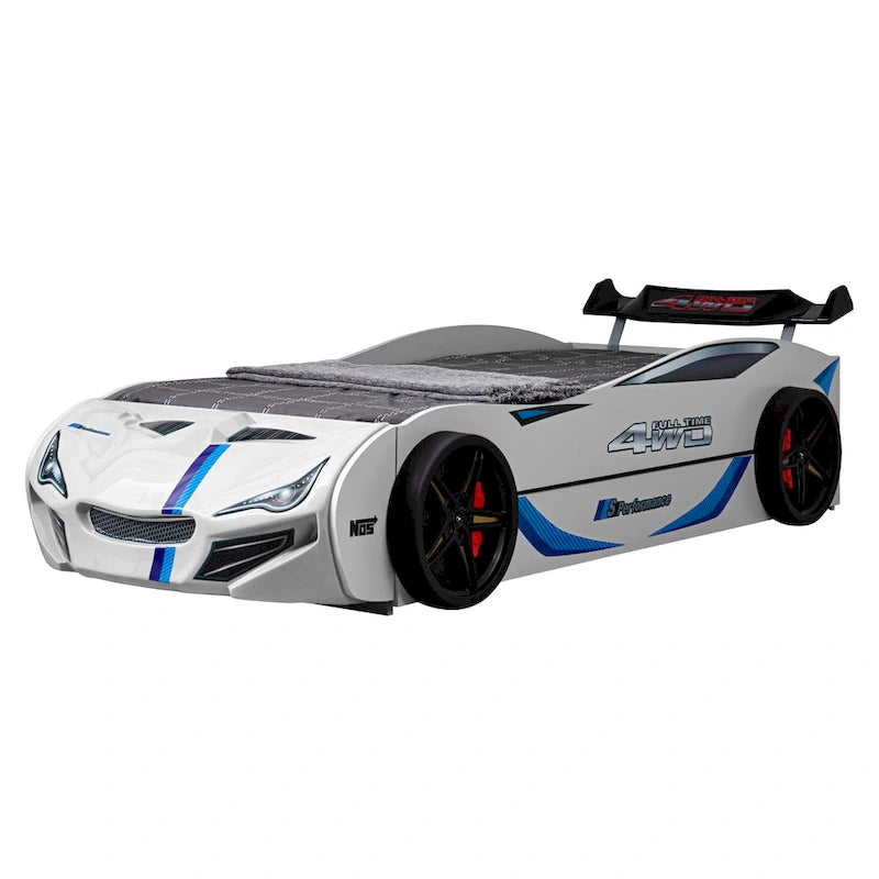 Lit jumeau en forme de voiture de course rouge avec lit gigogne, pour 2 personnes