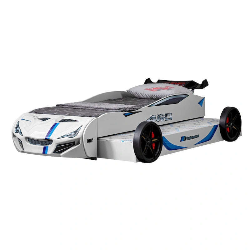 Lit jumeau en forme de voiture de course rouge avec lit gigogne, pour 2 personnes