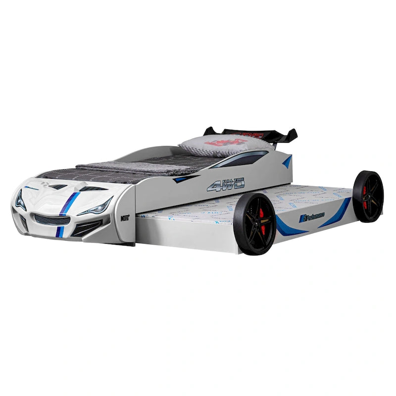 Lit jumeau en forme de voiture de course rouge avec lit gigogne, pour 2 personnes
