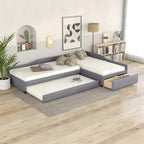 Lit de repos rembourré en forme de L vert/gris/beige avec lit gigogne et tiroir de rangement, 3 couchages