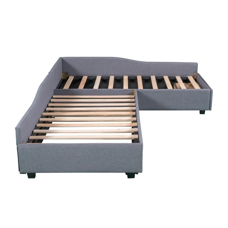 Lit de repos rembourré en forme de L vert/gris/beige avec lit gigogne et tiroir de rangement, 3 couchages