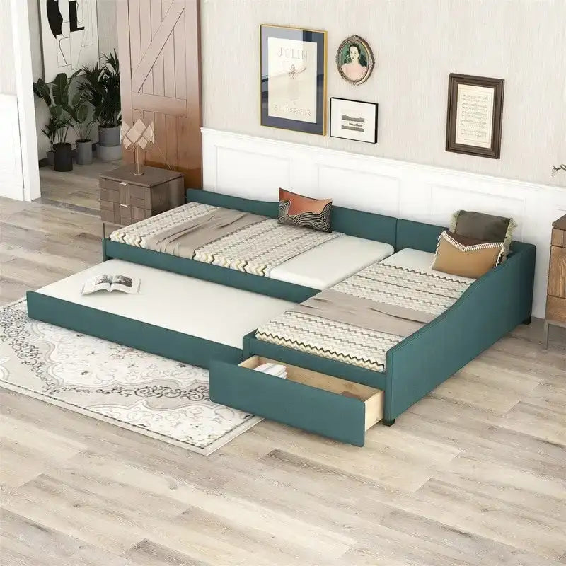 Lit de repos rembourré en forme de L vert/gris/beige avec lit gigogne et tiroir de rangement, 3 couchages