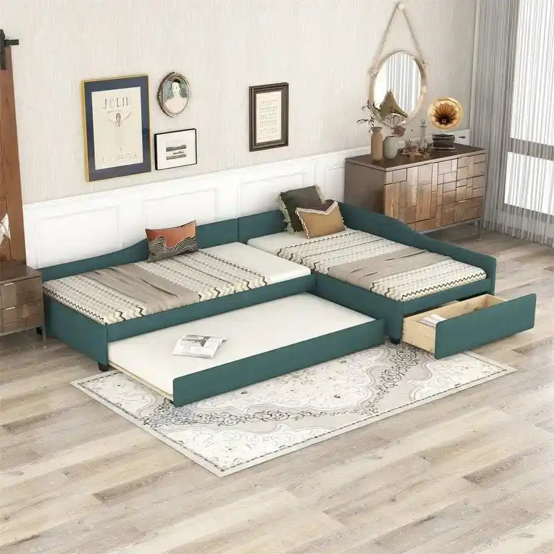 Lit de repos rembourré en forme de L vert/gris/beige avec lit gigogne et tiroir de rangement, 3 couchages