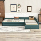 Lit de repos rembourré en forme de L vert/gris/beige avec lit gigogne et tiroir de rangement, 3 couchages
