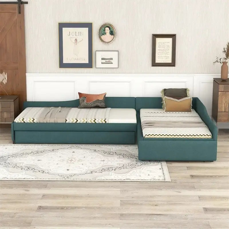Lit de repos rembourré en forme de L vert/gris/beige avec lit gigogne et tiroir de rangement, 3 couchages