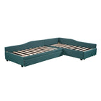 Lit de repos rembourré en forme de L vert/gris/beige avec lit gigogne et tiroir de rangement, 3 couchages