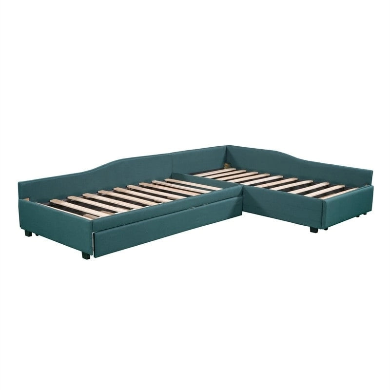 Lit de repos rembourré en forme de L vert/gris/beige avec lit gigogne et tiroir de rangement, 3 couchages