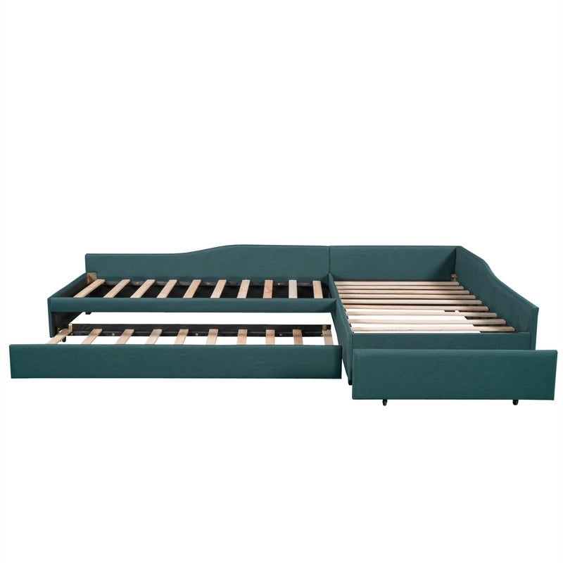 Lit de repos rembourré en forme de L vert/gris/beige avec lit gigogne et tiroir de rangement, 3 couchages