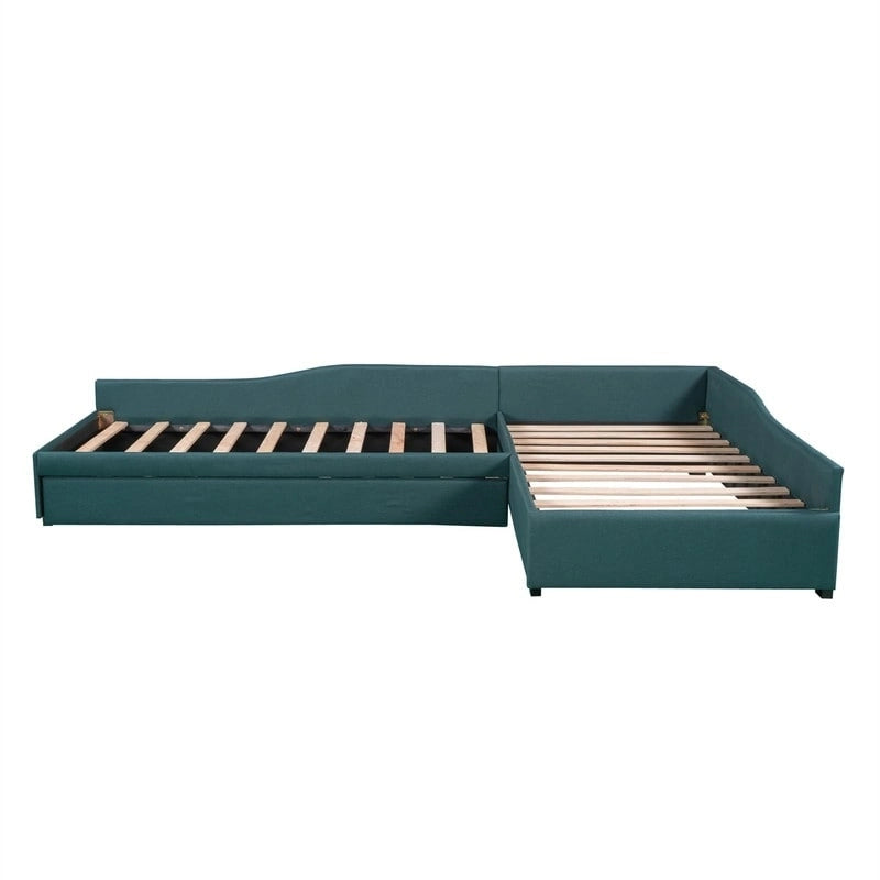 Lit de repos rembourré en forme de L vert/gris/beige avec lit gigogne et tiroir de rangement, 3 couchages