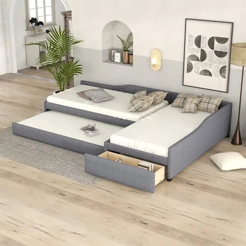 Lit de repos rembourré en forme de L vert/gris/beige avec lit gigogne et tiroir de rangement, 3 couchages