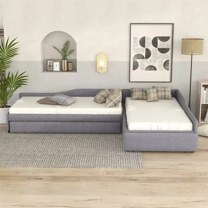 Lit de repos rembourré en forme de L vert/gris/beige avec lit gigogne et tiroir de rangement, 3 couchages