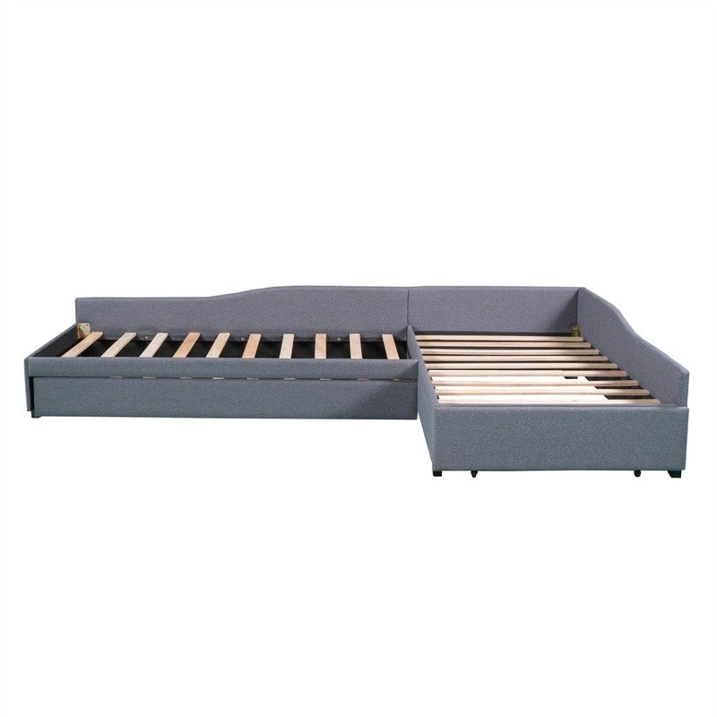 Lit de repos rembourré en forme de L vert/gris/beige avec lit gigogne et tiroir de rangement, 3 couchages