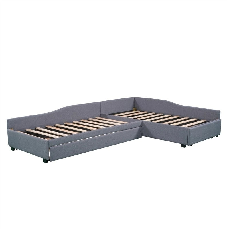 Lit de repos rembourré en forme de L vert/gris/beige avec lit gigogne et tiroir de rangement, 3 couchages