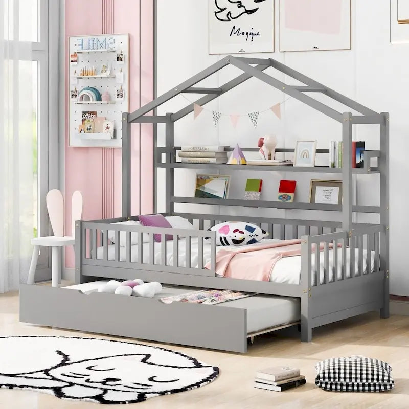 Lit d'enfant de style cabane avec lit gigogne, blanc/gris, lit double+complet – 2 personnes