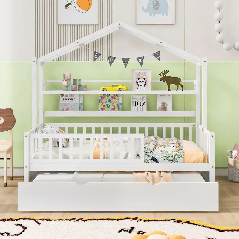 Lit d'enfant de style cabane avec lit gigogne, blanc/gris, lit double+complet – 2 personnes