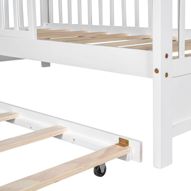 Lit d'enfant de style cabane avec lit gigogne, blanc/gris, lit double+complet – 2 personnes