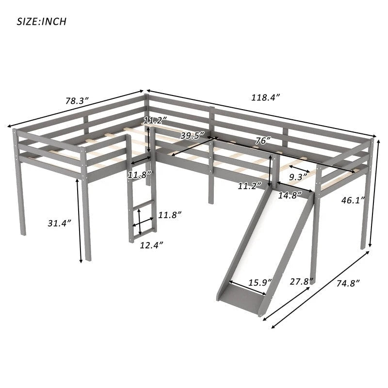 Lit superposé d'angle en L gris/blanc avec toboggan et échelle, 2 couchages