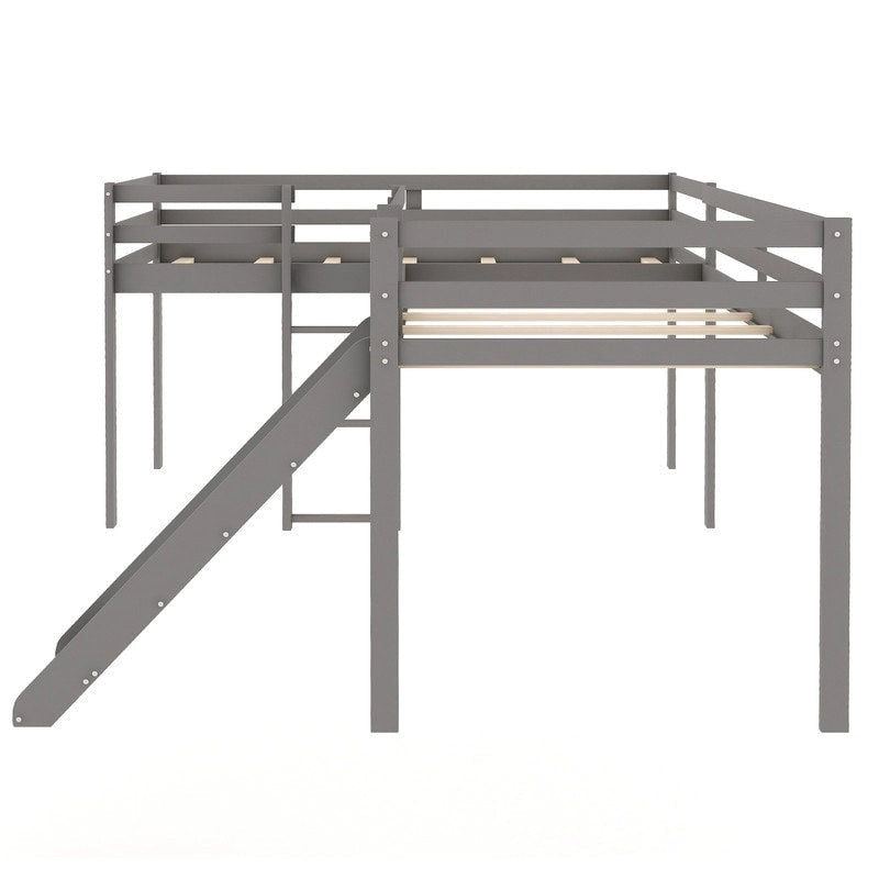 Lit superposé d'angle en L gris/blanc avec toboggan et échelle, 2 couchages