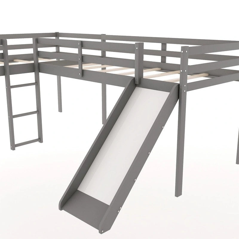 Lit superposé d'angle en L gris/blanc avec toboggan et échelle, 2 couchages