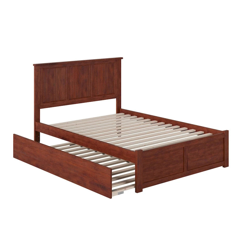 Lit plateforme grand format en noyer avec pied de lit et lit gigogne double, 2 couchages