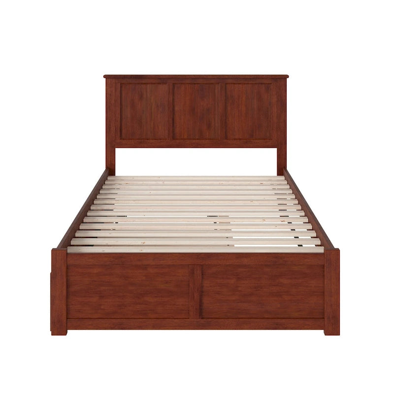 Lit plateforme grand format en noyer avec pied de lit et lit gigogne double, 2 couchages