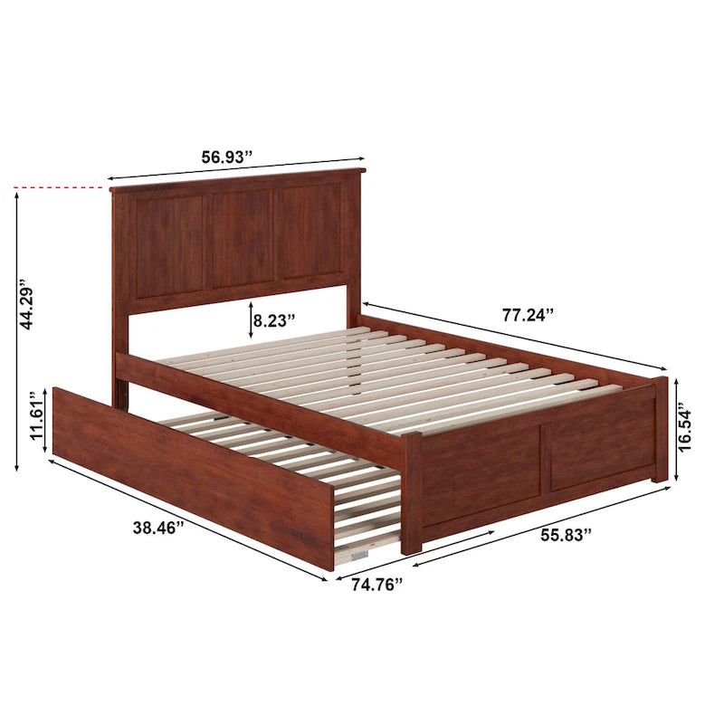 Lit plateforme grand format en noyer avec pied de lit et lit gigogne double, 2 couchages