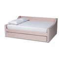 Canapé-lit capitonné en velours rose / marine / gris avec lit gigogne escamotable, 2 couchages, style contemporain