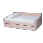 Canapé-lit capitonné en velours rose / marine / gris avec lit gigogne escamotable, 2 couchages, style contemporain