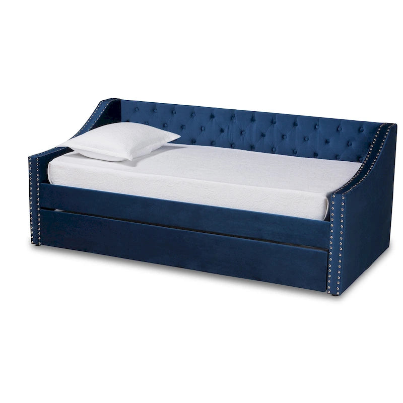 Canapé-lit capitonné en velours rose / marine / gris avec lit gigogne escamotable, 2 couchages, style contemporain