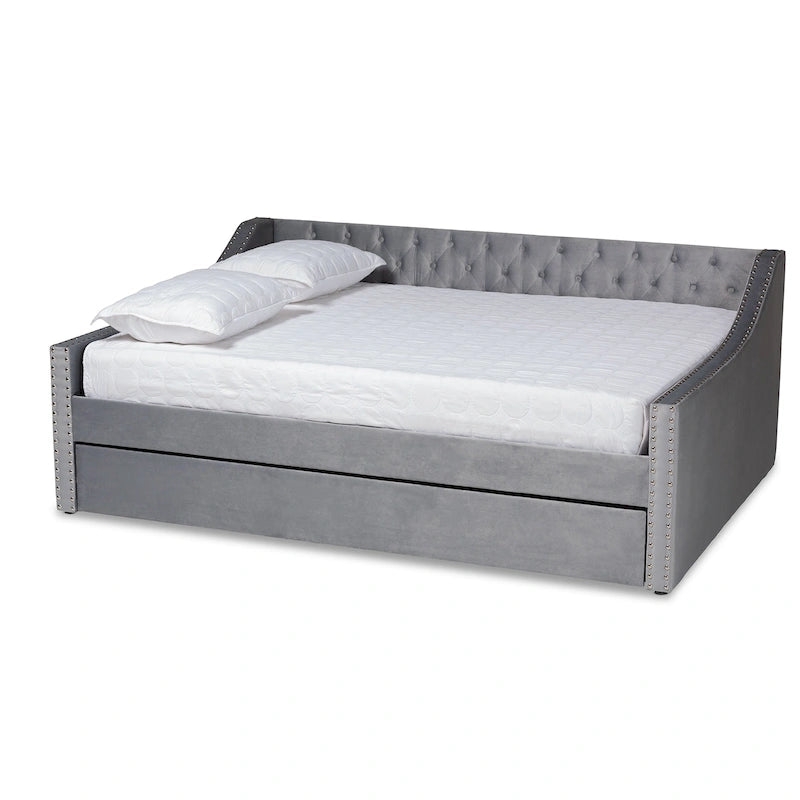 Canapé-lit capitonné en velours rose / marine / gris avec lit gigogne escamotable, 2 couchages, style contemporain