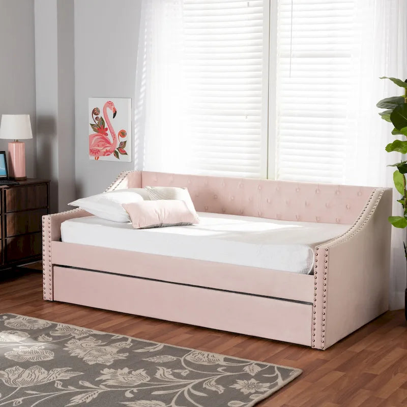 Canapé-lit capitonné en velours rose / marine / gris avec lit gigogne escamotable, 2 couchages, style contemporain