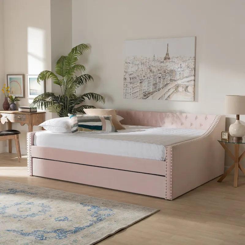 Canapé-lit capitonné en velours rose / marine / gris avec lit gigogne escamotable, 2 couchages, style contemporain