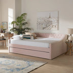 Canapé-lit capitonné en velours rose / marine / gris avec lit gigogne escamotable, 2 couchages, style contemporain