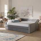 Canapé-lit capitonné en velours rose / marine / gris avec lit gigogne escamotable, 2 couchages, style contemporain
