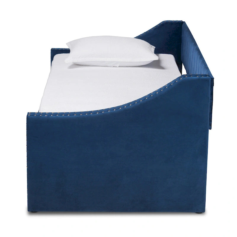 Canapé-lit capitonné en velours rose / marine / gris avec lit gigogne escamotable, 2 couchages, style contemporain