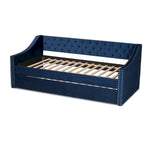 Canapé-lit capitonné en velours rose / marine / gris avec lit gigogne escamotable, 2 couchages, style contemporain