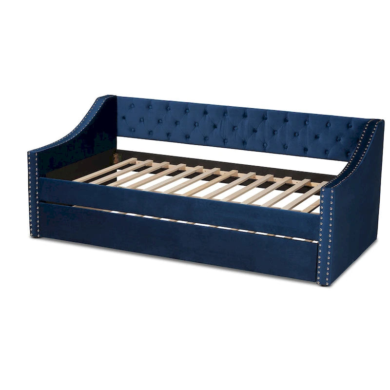 Canapé-lit capitonné en velours rose / marine / gris avec lit gigogne escamotable, 2 couchages, style contemporain