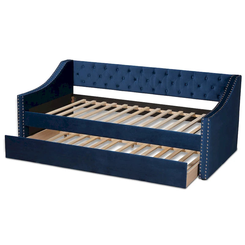 Canapé-lit capitonné en velours rose / marine / gris avec lit gigogne escamotable, 2 couchages, style contemporain