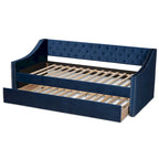 Canapé-lit capitonné en velours rose / marine / gris avec lit gigogne escamotable, 2 couchages, style contemporain