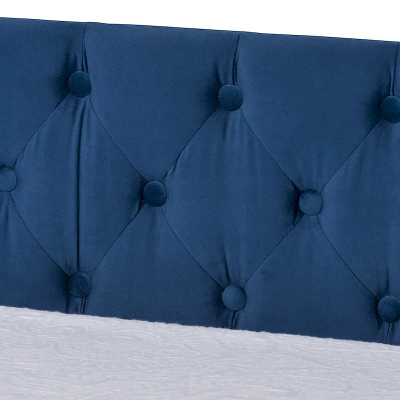 Canapé-lit capitonné en velours rose / marine / gris avec lit gigogne escamotable, 2 couchages, style contemporain