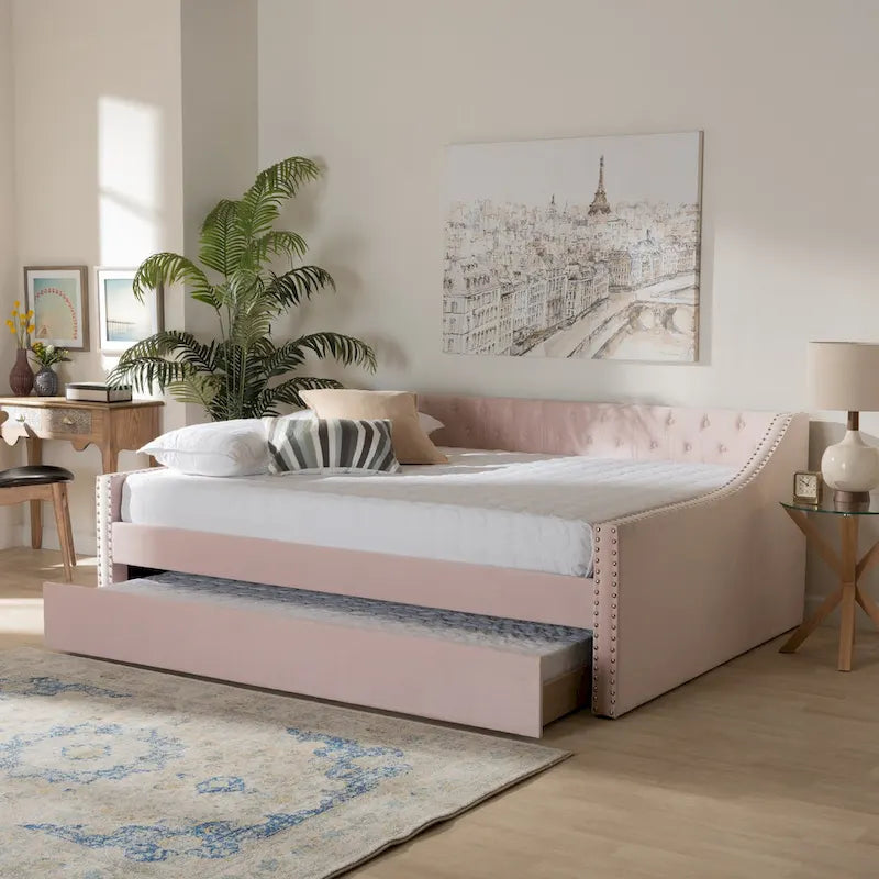 Canapé-lit capitonné en velours rose / marine / gris avec lit gigogne escamotable, 2 couchages, style contemporain