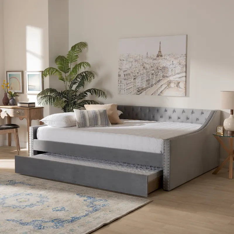 Canapé-lit capitonné en velours rose / marine / gris avec lit gigogne escamotable, 2 couchages, style contemporain