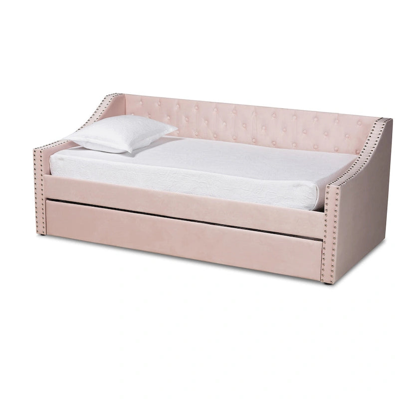 Canapé-lit capitonné en velours rose / marine / gris avec lit gigogne escamotable, 2 couchages, style contemporain