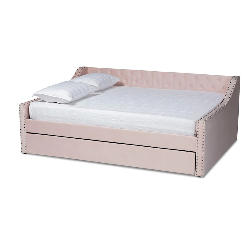 Canapé-lit capitonné en velours rose / marine / gris avec lit gigogne escamotable, 2 couchages, style contemporain
